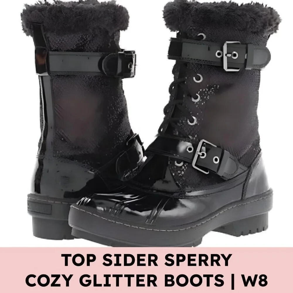Sperry Top-Sider Alpine Glitter Fur Combat Boots Black 8M Streetwear Luxe